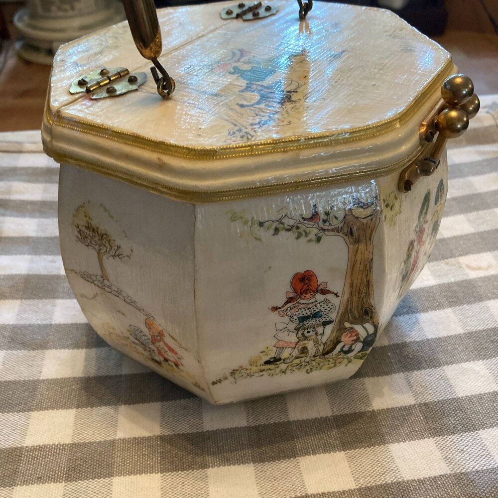 Vtg Judith MerriL Wood Purse Decoupage Children Playing 60's Prothrombin Style - Picture 7 of 12